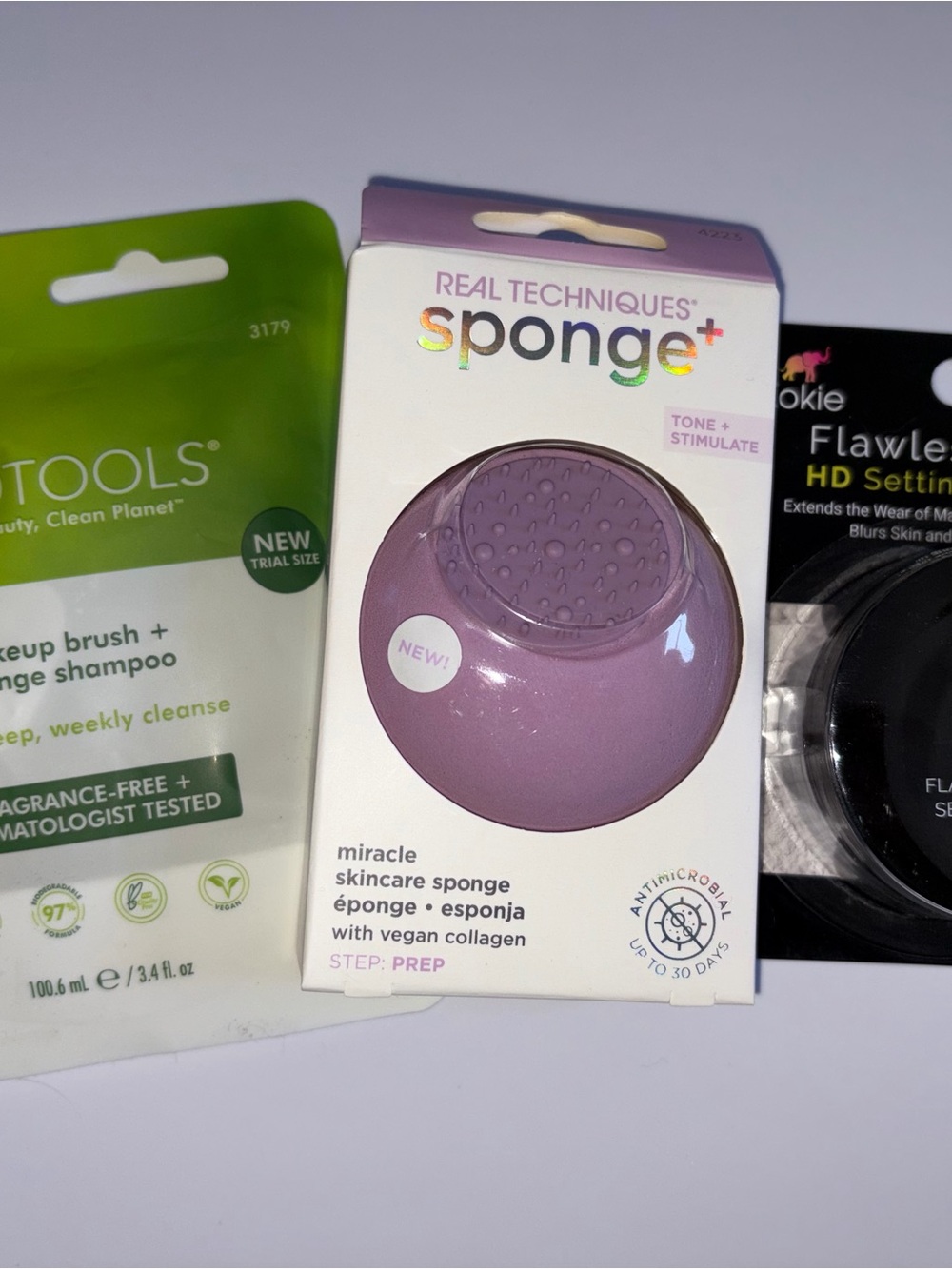 3PC Makeup Lot: Kokie Setting Powder, Ecotools Brush & Sponge Shampoo & More